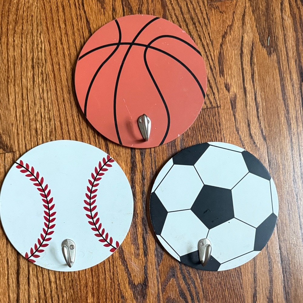 Sports-Themed Wall Hooks Set - Basketball, Baseball, Soccer